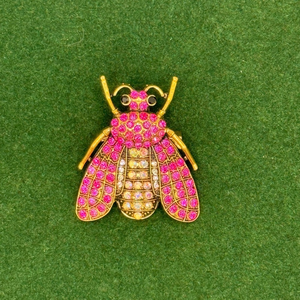 Rhinestone Bee Brooch Heavy Crystal Pin Gold Tone Costume Jewelry 1.75" - Pink